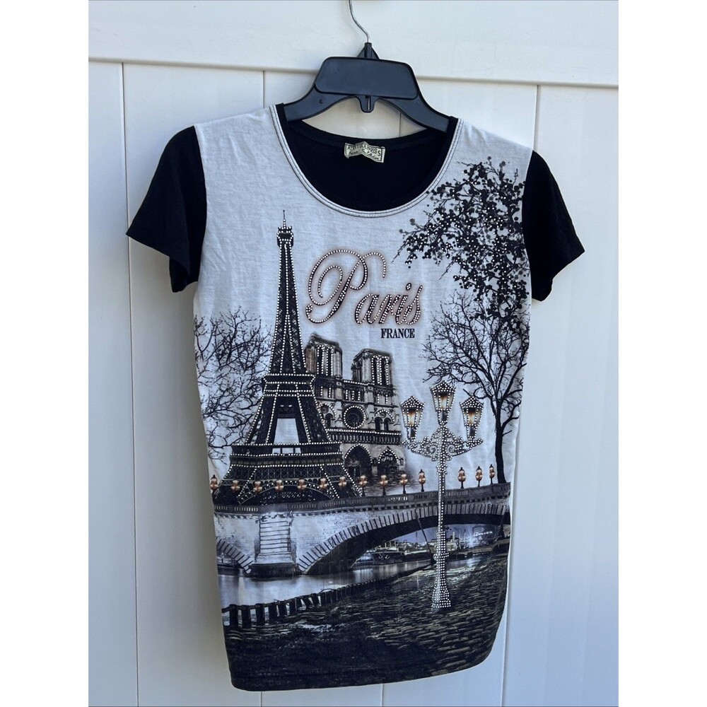 Attitude Paris Women's Top Sz Small Embellished Eiffel Tower Short Sleeve